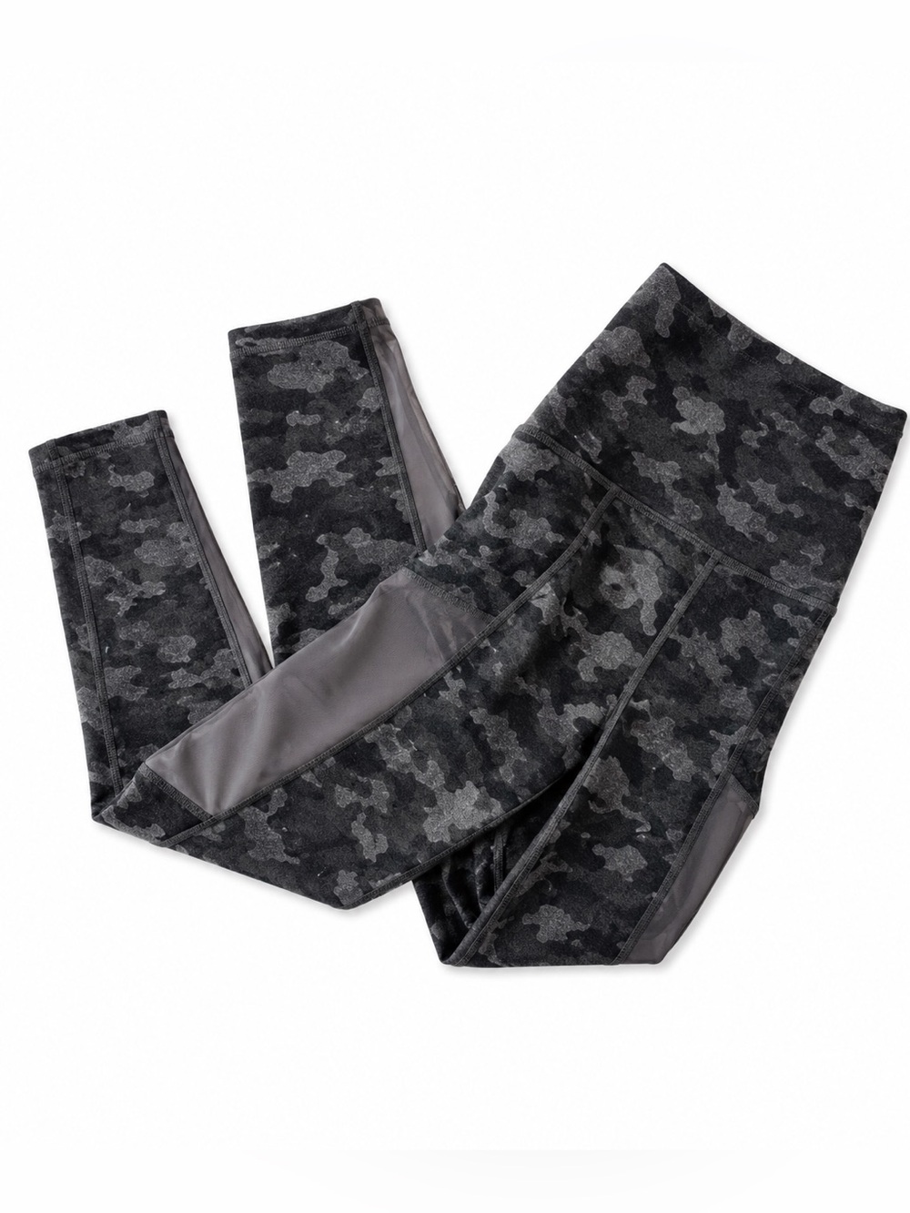 FABLETICS GRAY CAMO DESIGN CROP LEGGINGS WITH MESH SIDE PANELS